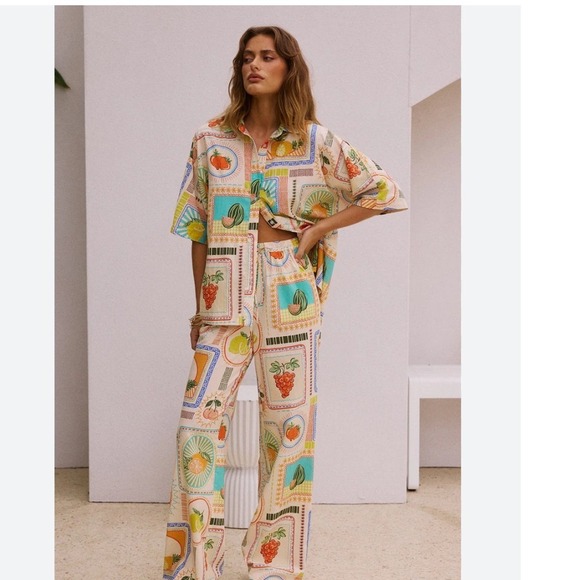 Cali 1850 Pants - Cali 1850 Fruit Stamp Print Linen Blend Wide Leg Pants Tropical Multi Color Sz M